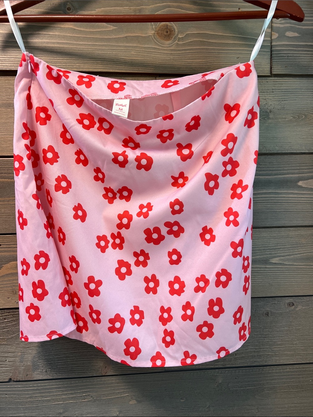 ROMWE Pink Mini Skirt with Red Floral Print